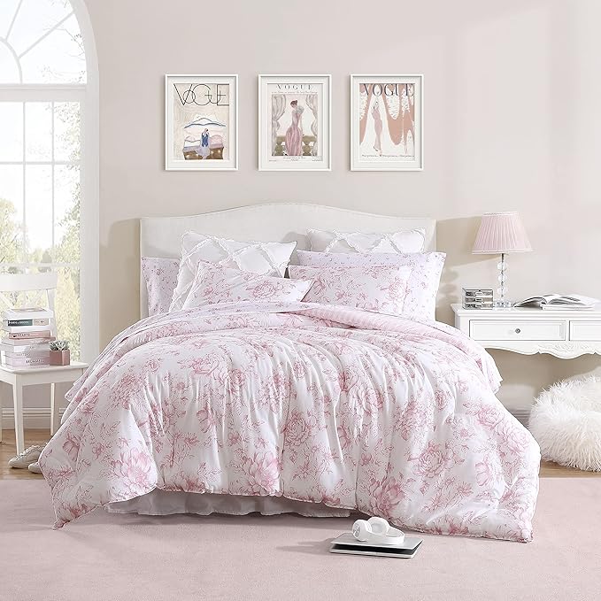Laura Ashley - Twin Comforter Set, Soft & Reversible Cotton Bedding with a Smooth Feel, Medium Weight for Year Round Comfort, 2 Piece Bed Set with Matching Pillowcase (Delphine Mauve Pink)