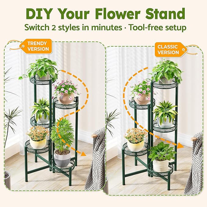 5-Tier Metal Plant Stand Indoor Outdoor, Corner Tall Plant Shelf for Multiple Plants, Foldable Plant Stand, Heavy Duty Flower Stand Holder for House Living Room Balcony Garden Patio -GreenFlower
