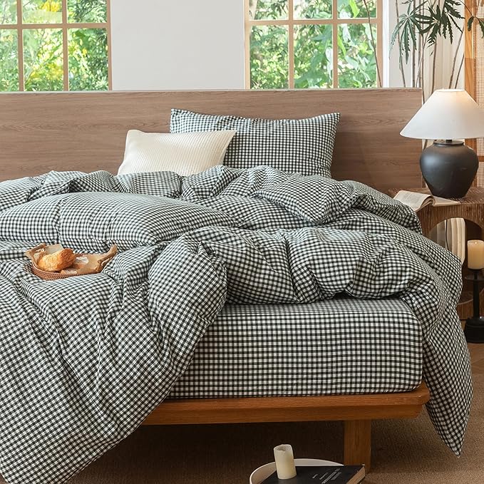 MooMee Gingham Duvet Cover Set 100% Washed Cotton Linen Like Textured Breathable Durable Soft Comfy Modern Checkered Design (Mini Gingham Forest Green, Full 80"x90")