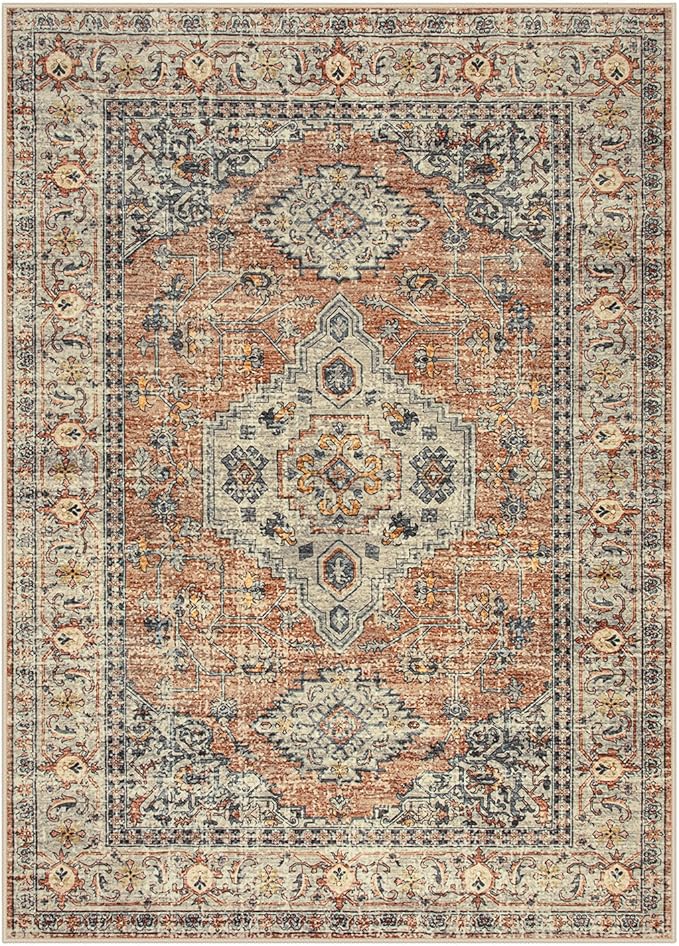 Lahome Oriental Washable Rugs for Living Room, 4x6 Bedroom Area Rug Ultra-Thin Soft Non Slip Stain Resistant Vintage Throw Carpet for ‎Office Dining Room, Peach/Orange