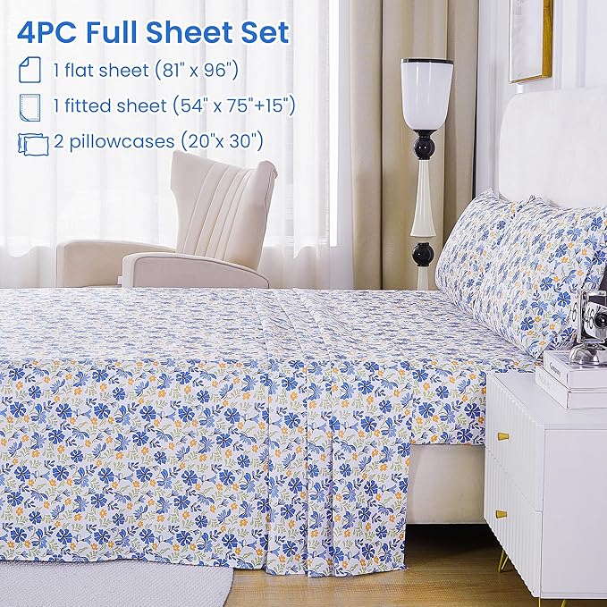 Softan Vintage Blue Floral Full Bed Sheets, Cozy Microfiber Flower Printed Sheets with 15" Deep Pocket Fitted Sheet & Non-Slip Straps, Patterned Floral in Blue & Amber Sheets & Pillowcase Set