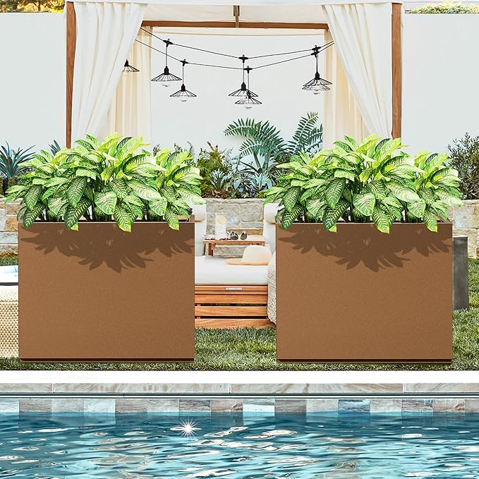 Metal Planter Box Rectangular Planter Box with Drainage Hole, Outdoor Large Planters, All-Weather Use, Rust-Resistance, for Flowers Plants, 29.9" L × 12" W × 24" H, Brown