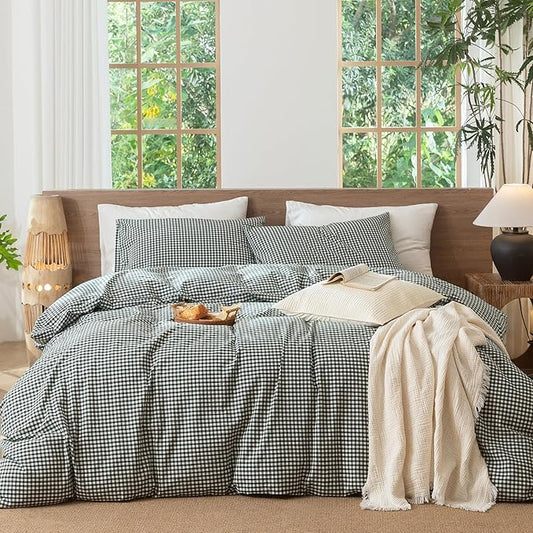 MooMee Gingham Duvet Cover Set 100% Washed Cotton Linen Like Textured Breathable Durable Soft Comfy Modern Checkered Design (Mini Gingham Forest Green, Full 80"x90")