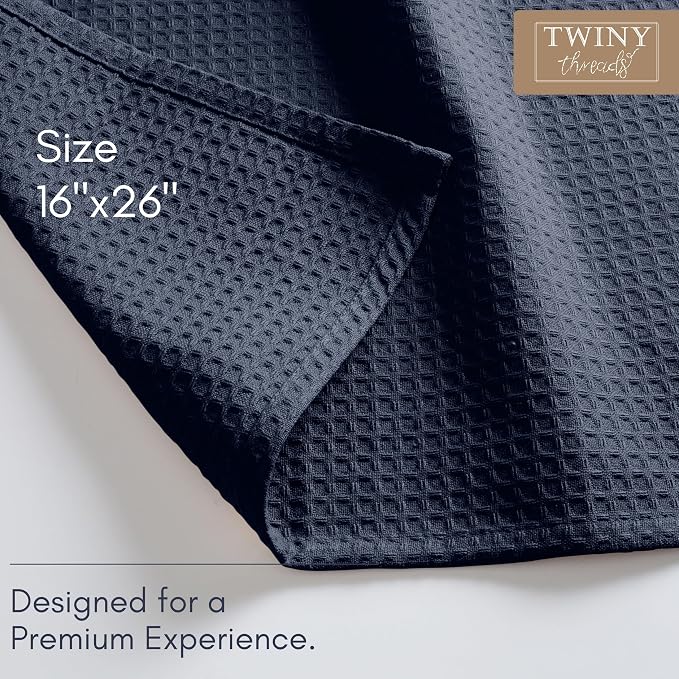 TWINY threads Kitchen Towels Set of 4, 16x26 Inches, 100% Soft Cotton Waffle Weave Dish Towels, Absorbent Tea Towels with Hanging Loop, Washable Reusable Cloths for Cleaning and Dining, Navy