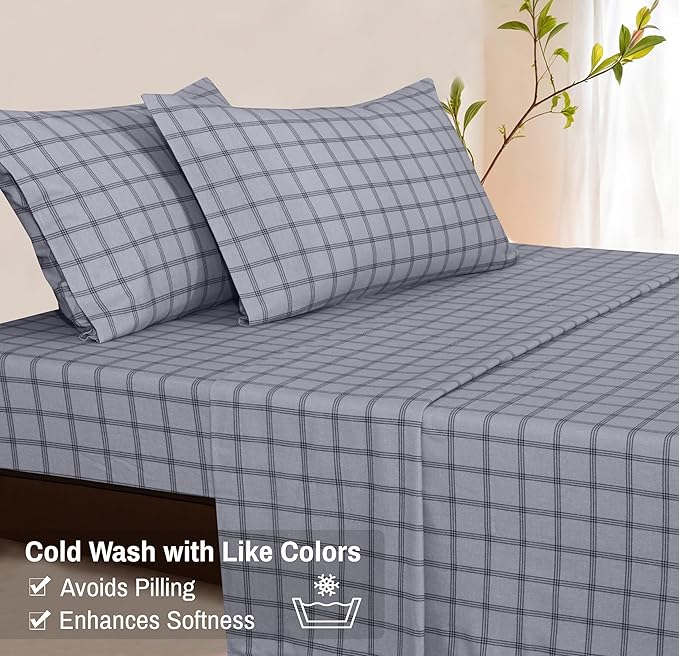 RUVANTI Flannel Sheets Queen Size - 100% Cotton Double Brushed Bed Sheets, Deep Pockets 16 Inches Queen Sheet Set, All Seasons Breathable & Extra Soft - Warm & Cozy, 4 Piece, Open Grid Check