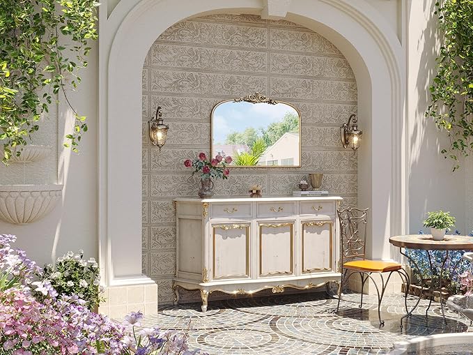 Champagne Bronze Bathroom Mirror, 32"x24" Mantle Mirrors for Fireplace, Vintage Gold Arched Wall Mirror for Over Sink, Livingroom, Entryway, Bedroom, Haning or Leaning