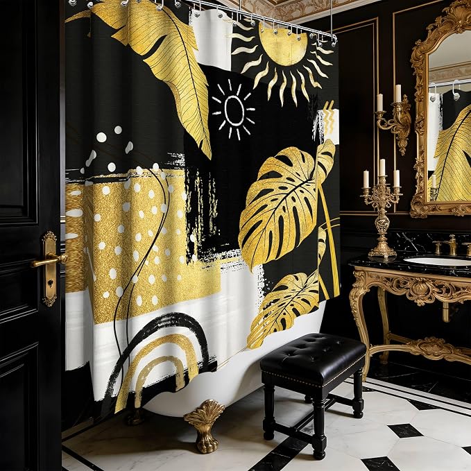 Extra Long Shower Curtain Extra Tall Black and Gold XL Abstract Dark Mens Shower Curtains for Large Bathroom Decor Sets, Waterproof Cloth Fabric with Hooks, 108x72 Inch