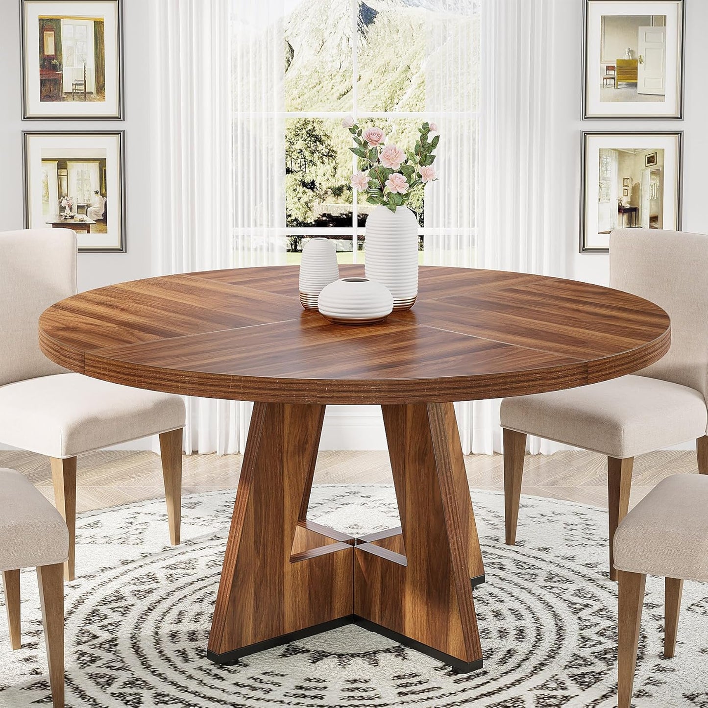 Tribesigns 47-Inch Round Dining Table - Rustic Brown Wood Kitchen Table for 4-6 | Farmhouse Accent Furniture