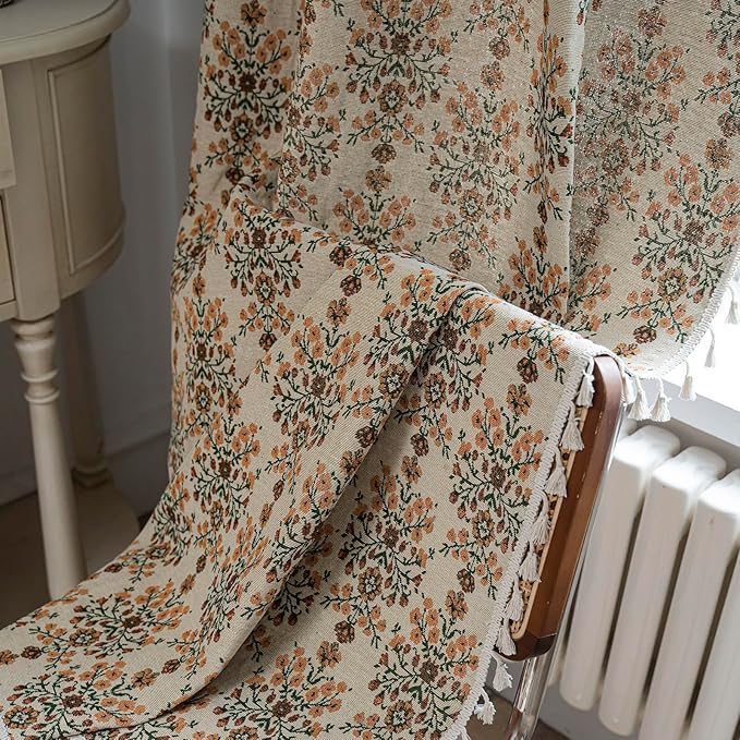 ENJOYBRIDAL Floral Curtains 96 Inch Length 2 Panels Vintage Flower Patterned Drapes Boho Semi Sheer Tassel Rustic Country Rod Pocket Botanical Farmhouse Window Curtain Panels for Bedroom Living Room