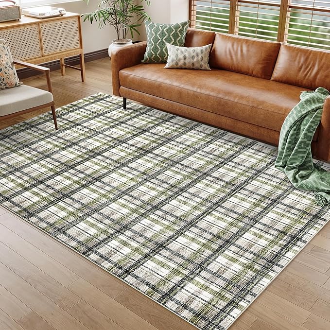 10x13 Area Rug for Living Room Washable Rugs Farmhouse Bedroom Rug Large Rug Non Slip Modern Plaid Throw Rugs for Dining Room Stain Resistant Carpet for Office Classroom, Green&Taupe