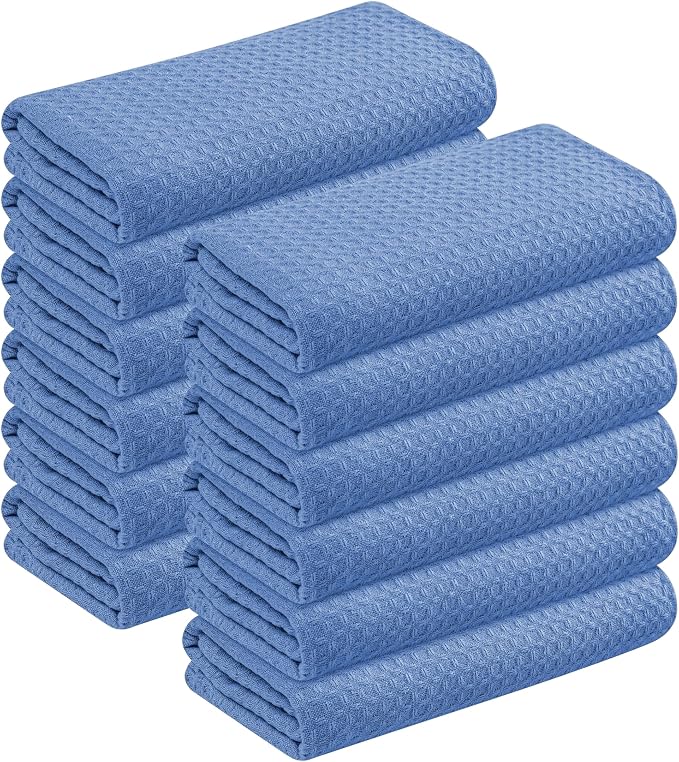 Sky Blue Kitchen Dish Towels Set of 12-100% Cotton Waffle Weave, Super Absorbent, Soft, Quick Drying, 16x26 Inches, Ideal for Cleaning, Bar, Tea, and Everyday Use, Light Blue