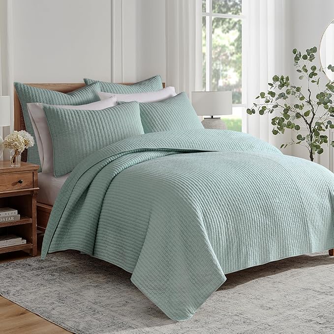 Levtex Home Cross Stitch Reversible Twin XL/Twin Quilt Set (68x86in) with 1 Pillow Sham (26x20in) - Stitch Texture - Blue Haze - Cotton Twin/Twin Size Quilt Bedding Set - Lightweight Soft Pre-Washed