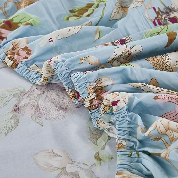 Brandream Floral Bedding Botanical Flower Farmhouse Queen Size Sheets Set Luxury Bedding Collections 800 Thread Count 100% Egyptian Cotton Deep Pocket, 4 Piece Blue