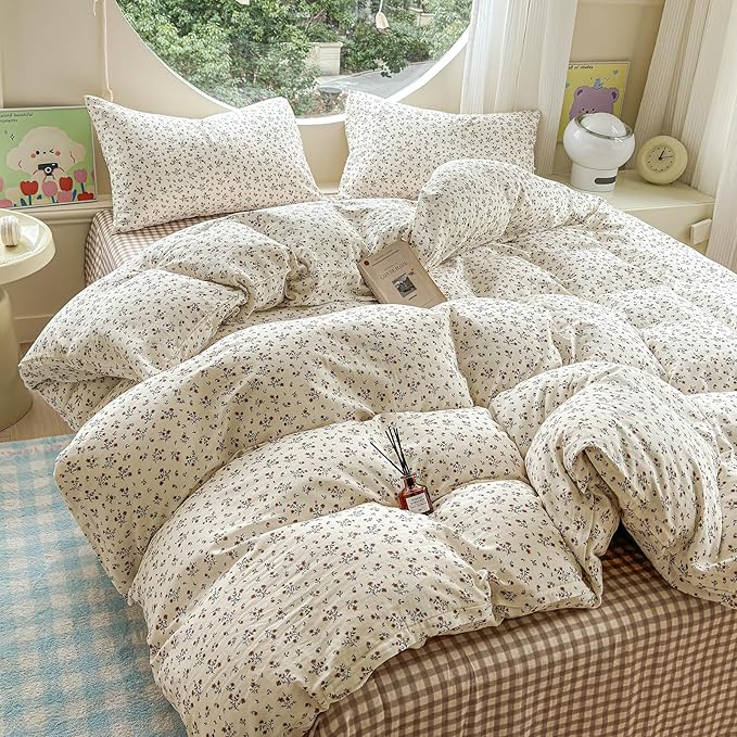 EAVD Garden Style Small Floral Duvet Cover Queen Size Soft 100% Cotton Muslin Bedding Set with Floral Print Fresh Cottagecore Botanical Pattern Duvet Cover with Zipper Closure