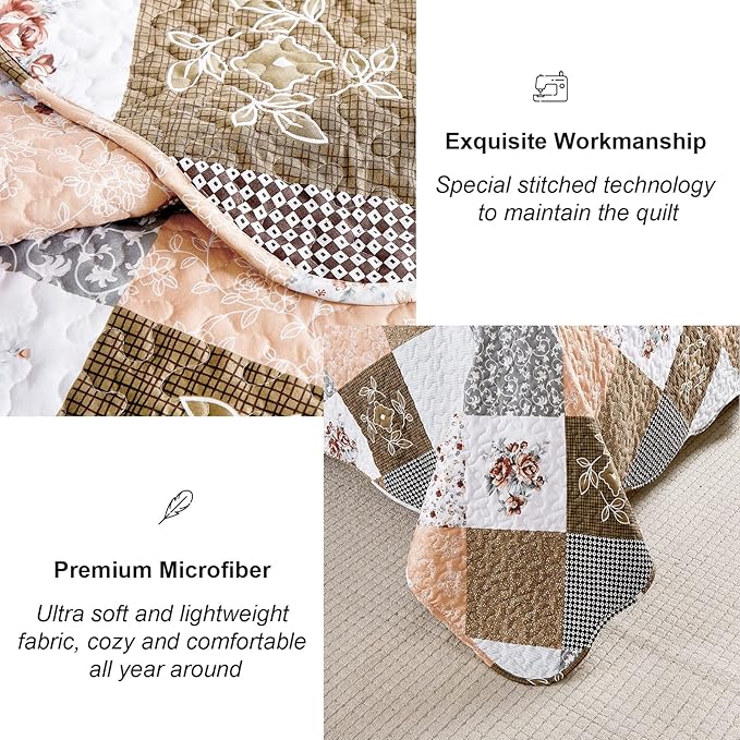 Dinjoy Floral Plaid Patchwork Quilt Set Full Size, Reversible Brown Bedding Set Soft Microfiber Lightweight Bedspread Coverlet 3 Piece Fall Autumn Summer Use (78x90 inches)
