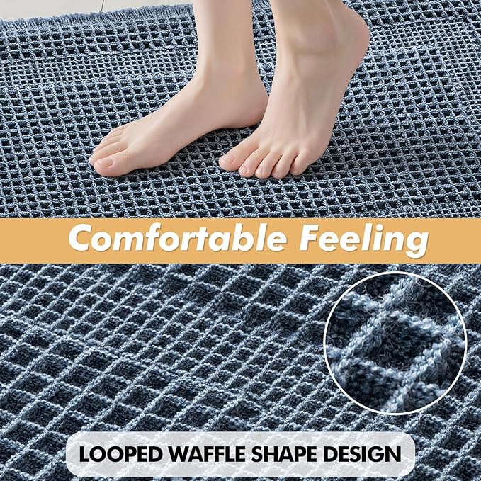 MIULEE Set of 2 Waffle Bathroom Rugs, Boho Bath Rugs Non Slip Washable, Super Absorbent, Ultra Soft Rubber Backed Shower Bath Mats for Floor, Tub, Shower, Looped Design, Blue, 18x30 Inch