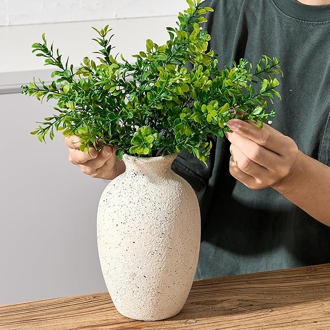 Ceramic Rustic Flower Vase, 8.38 Inch Vintage Pottery Home Decor, Antique Farmhouse Terracotta Vase for Living Room, Table, Shelf, Mantel Decoration, Farmhouse - Cream-White