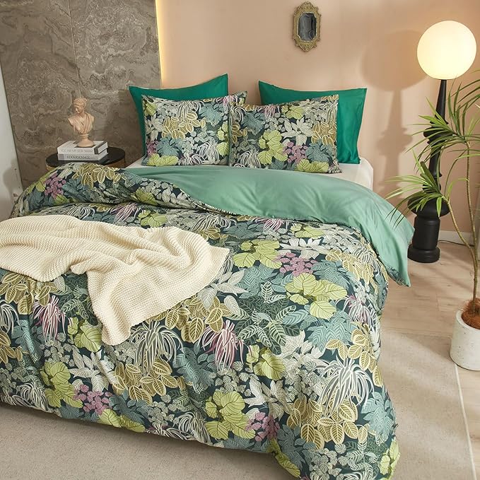 EAVD Tropical Leaves Duvet Cover Full Soft Cotton Chic Shabby Leaf Pattern Bedding Set with 2 Pillowcases Fresh Botanical Duvet Cover with Zipper Closure