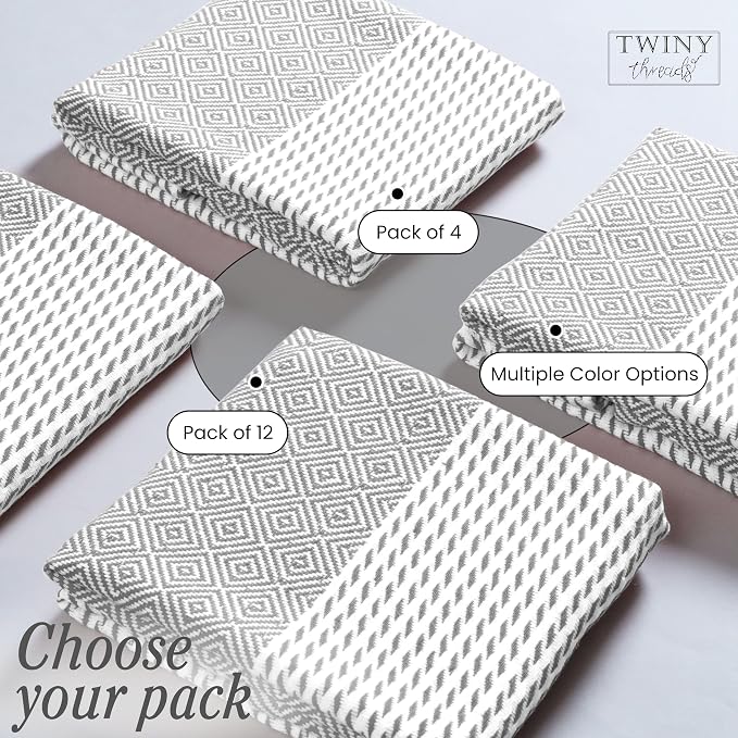 TWINY threads Dish Towel Diamond Weave, Premium 100% Cotton Kitchen Linen Set, Large Dish Rags and Wash Rags, Absorbent Quick Drying, Washable Reusable Dishcloth Set, 4 Pack, 18"x26", Light Grey