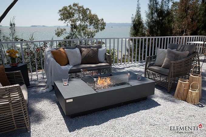 Elementi+ | Bundle Cannes Gas Fire Pit Cast Concrete 60" Rectangular Fire Table, Outdoor Fire Pit Electronic Ignition | Canvas Cover, Fire Glass and Burner Lid Included | Dark Gray | Natural Gas