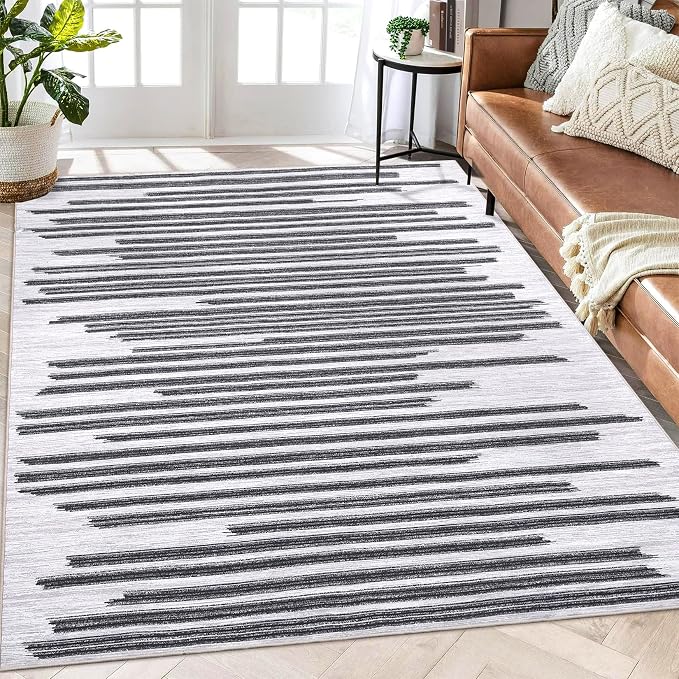 Washable 5x7 Rugs for Living Room Low Pile Soft Bedroom Rug Modern Abstract Lines Carpet Non Shedding Thin Office Carpets Contemporary Geometric Striped Floor Mats for Kitchen Nursery, Beige Black