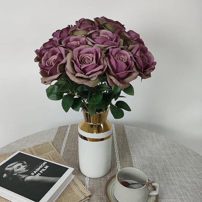 Fall Purple Satin Roses,12 Pcs Purple Roses Flowers, Silk Floral,Artificial Flowers with Stems for Wedding Arrangement Centerpieces Party Home Table Decorations,Flores Artificiales