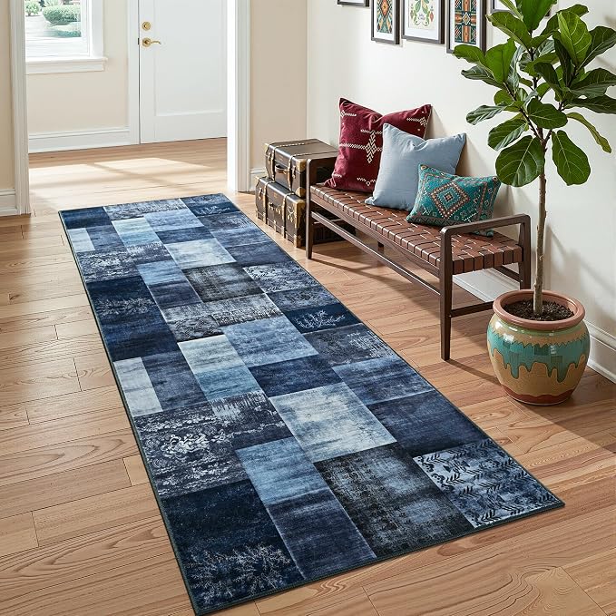 Tepook Modern Runner Rug for Living Room, 2x6 Washable Rugs for Bedroom Hallway, Geometric Patchwork Runner Rug Non-Slip Indoor Throw Carpet for Entryway Kitchen Office Home Decor, Blue