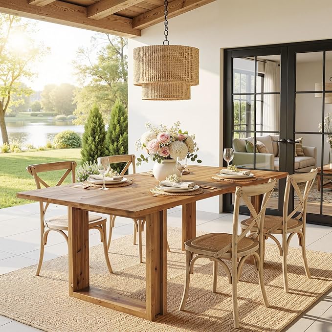 63-Inch Solid Wood Dining Table for 6, Farmhouse Kitchen Table with Heavy Duty Legs, Rectangular Wood Desk for Dining Room, Living Room, Rustic Brown