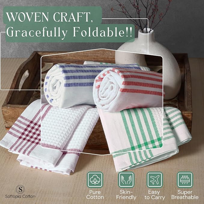 Waffle White & Multi Colors Kitchen Towels Set of 4, 100% Cotton, 16x26 inches, Quick Dry Dishcloths, Ideal Dish Towel for Drying, Wiping - Indigo Blue, Red, Dark Green, Burgundy