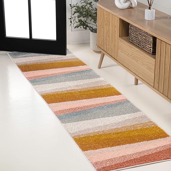 JONATHAN Y Prism Geometric Striped Runner Rug 2x8, Red/Yellow/Gray, Modern, Coastal, Easy-Cleaning for Living Room, Bedroom, Kitchen, Pet Friendly, Non-Shedding (DZC101B-28)