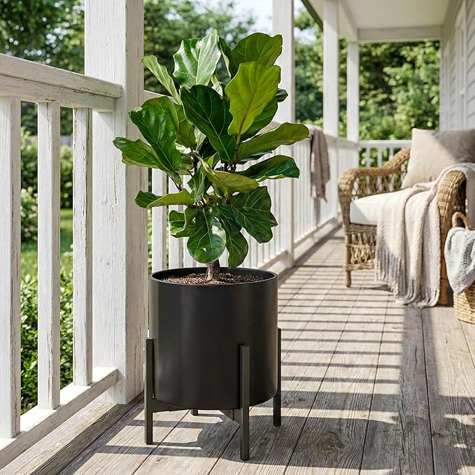 FaithLand 12 Inch Fiberstone Planter - Lightweight Modern Cylinder Plant Pot with Drainage Hole & Plug, Indoor Outdoor Use, Matte Black