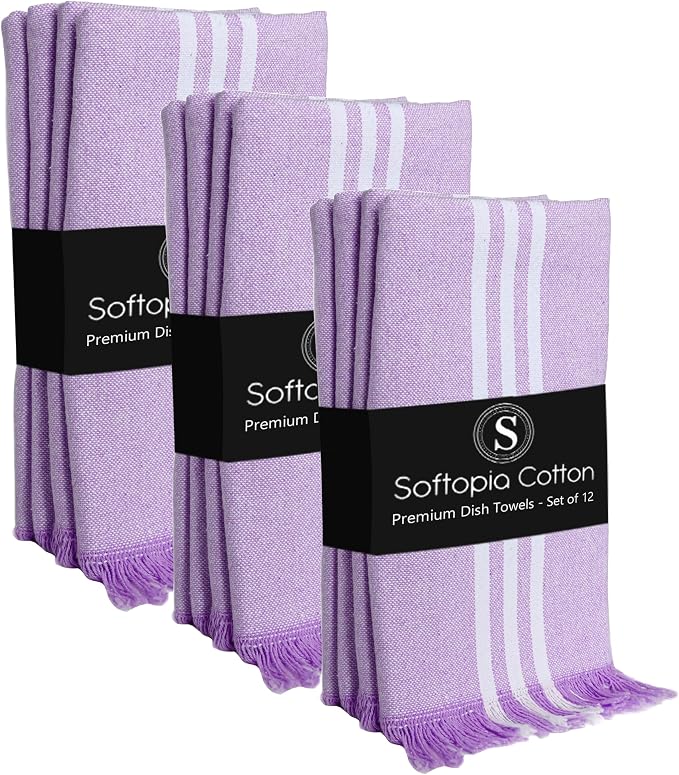 Striped Kitchen Towels 12 Pack, 16x26 Inches, 100% Cotton, Absorbent Dish Towels for Kitchen Drying, Reusable Dishcloths for Cleaning, Quick Dry Wash Rags for Everyday Use - Lavender