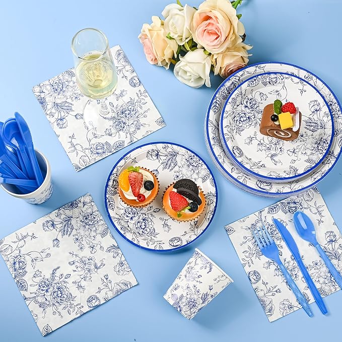175Pcs Blue Floral Paper Plates and Napkins 25 Guests Blue Toile Chinoiserie Party Supplies Set Include Plates Napkins Cups Spoons Forks Knives for Birthday Wedding