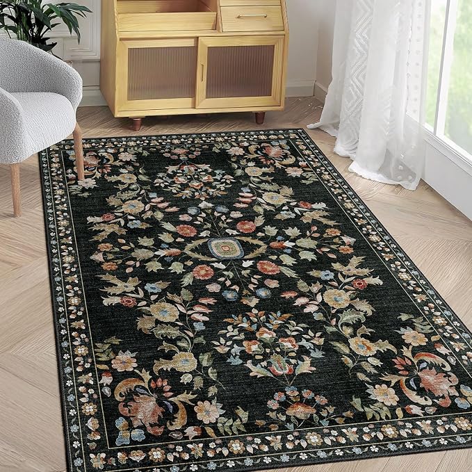 MUJOO 3x5 Rug Washable,Black Floral Area Rugs for Bedroom Bedside Entryway Living Room Kitchen,Floral Boho Small Indoor Floor Rug Non Slip Throw Carpet Low Pile Vintage