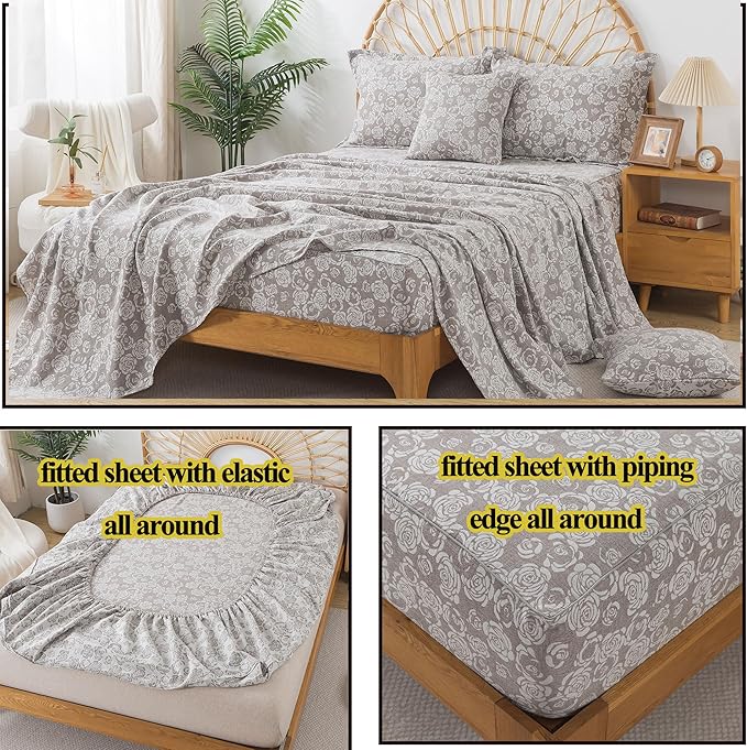 FADFAY Rose Sheets Set King Vintage Curry Floral Bedding Shabby Farmhouse Bedding Super Soft Washed Double -Layer Muslin Sheets Luxury 100% Cotton Breathable Deep Pocket Fitted Sheet 4Pcs, King Size