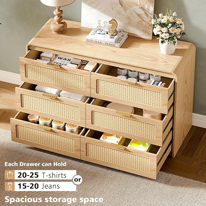 Mid Century Modern Dresser,Rattan 6 Drawers Dresser for Bedroom, 47" Wide Wood Dressers & Chests of Drawers/Curved Profile Design, Natural Texture for Bedroom, Living Room, Natural
