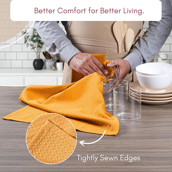 TWINY threads Mustard Yellow Kitchen Towels Set of 12 - Soft, Absorbent 100% Cotton Waffle Weave Dish Towels - Absorbent, Fast Dry Hand Towels with Loop for Fall Decor & Dining - 16"x26"