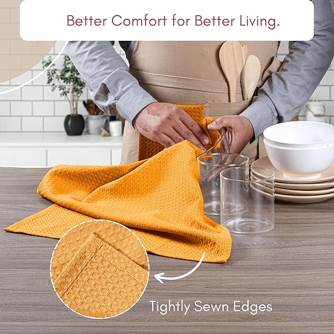 TWINY threads Kitchen Towels Set of 6, 100% Cotton Waffle Weave Easter Dish Towels, Tea Towels with Hanging Loop, Washable Bar Towels for Table Cleaning, Dinning, Parties- 16"X 26"-Mustard Yellow