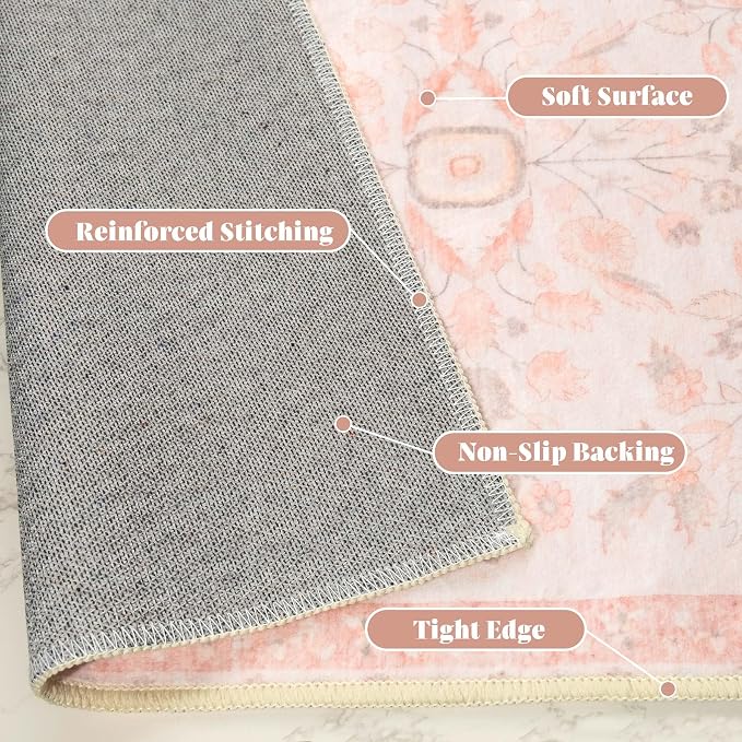 MUJOO 3x5 Rug Washable,Pink Floral Area Rugs for Bedroom Bedside Entryway Living Room Kitchen,Boho Small Indoor Floor Rug Non Slip Throw Carpet Low Pile Vintage