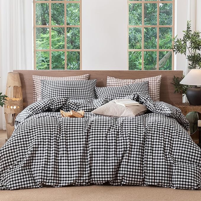MooMee Gingham Duvet Cover Set 100% Washed Cotton Linen Like Textured Breathable Durable Soft Comfy Modern Checkered Design (Black White Gingham, Cal King 104"x98")