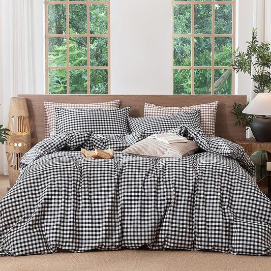 MooMee Gingham Duvet Cover Set 100% Washed Cotton Linen Like Textured Breathable Durable Soft Comfy Modern Checkered Design (Black White Gingham, Cal King 104"x98")