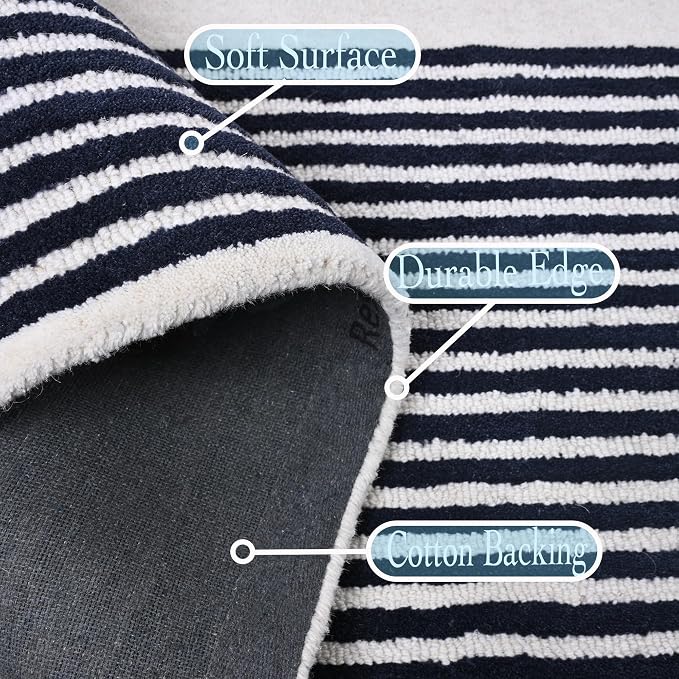 Modern Handmade Wool Area Rug, Abstract Curved Line Geometric Carpet for Living Room Bedroom, Contemporary Tufted Indoor Rug with Soft Pile and Cotton Backing (Ink, 8' x 10')