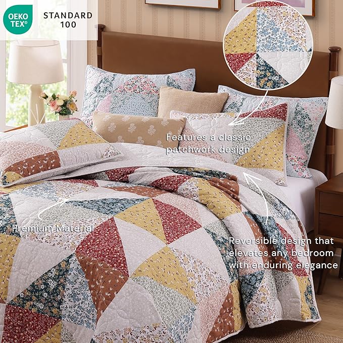 Quilt Set Twin Size, Patchwork Burnt Orange Floral Quilt Sets, Reversible Bedspread Lightweight and Breathable for All Seasons, Soft Quilted Bedspread with 1 Pillow Sham