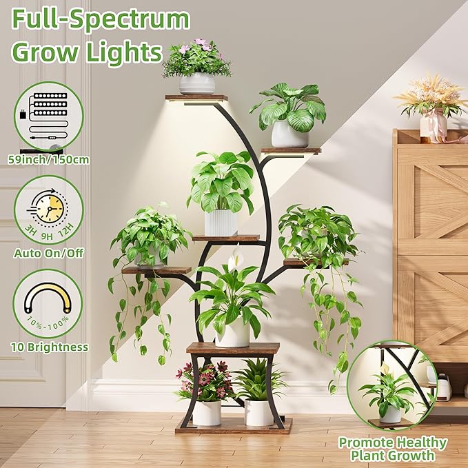 Indoor Plant Stand with Grow Lights, 7 Tiered, 44" Tall | Plant Shelf, Heavy Duty Anti-rust Iron Pipes, Water-resistant & Anti-corrosive Wood, Auto Timer, Long-lasting