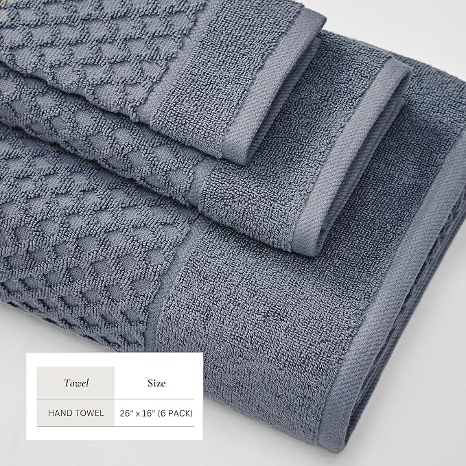 Great Bay Home Hand Towels - 100% Cotton 6 Pack 26x16 Hand Towel Set - Absorbent, Durable, Quick-Dry Towels for Bathroom (Blue)