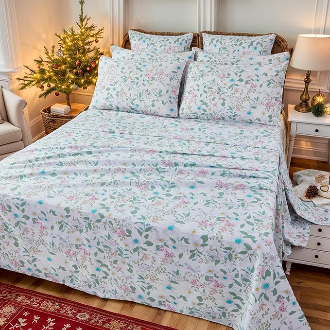 FADFAY Twin Extro Long Size Sheets Set 100% Cotton Vintage Floral Shabby Flowers & Leaves Pattern Farmhouse Bedding Set Deep Pocket Sheets with 2 Pillowcases Breathable Soft 4Pcs, Twin XL