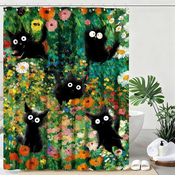 Funny Black Cats Shower Curtain Vintage Wildflowers Shower Curtains for Bathroom Waterproof Fabric Bath Curtain Decor with Hooks