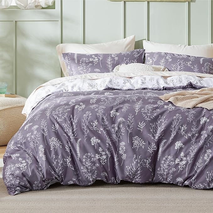 Bedsure Duvet Cover Queen Size - Reversible Grayish Purple Queen Duvet Cover Set with Zipper Closure, 3 Pieces Cute Floral Patterned Bedding Set with 8 Corner Ties and 2 Pillow Shams