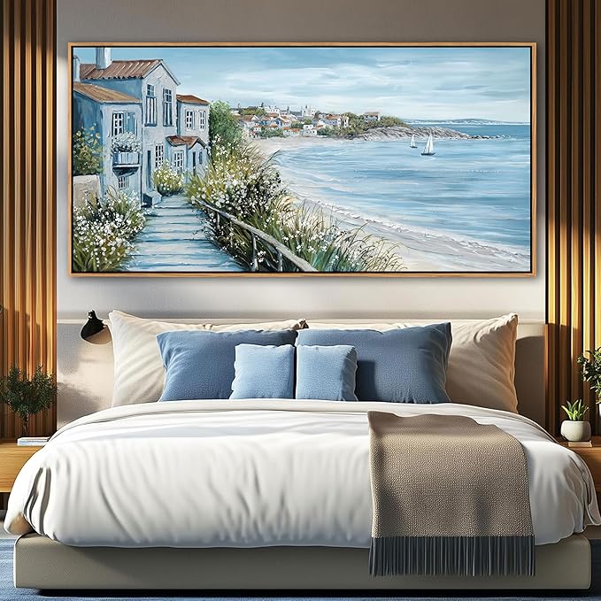 KLAKLA Coastal Decor Nautical Boat on Beach Canvas Picture Ocean Seagull Seascape Canvas Print Farmhouse Artwork for Seashore Bedroom Living Room Large Square Blue Teal 29x58 Inches