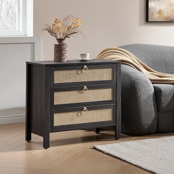 SICOTAS Night Stand with Drawers, Large Rattan Bedside Table with Golden Handle, 3 Drawers Nightstand Tall End Table Side Table Boho Nightstand for Bedroom